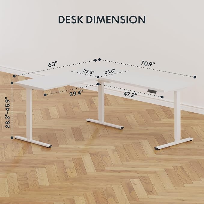 SANODESK Electric Corner L-Shaped 71 x 63 in Standing Desk Memory Height Adjustment White Top White Frame