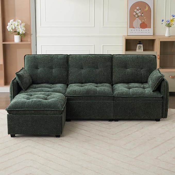 98'' Modular Sectional Sofa Comfty Cloud Couch L Shape with Movable Ottoman 4-Seat Chenille Deep Seat Sofa with Throw Pillow Sectional Couches for Living Room Office(Green 3-seat)