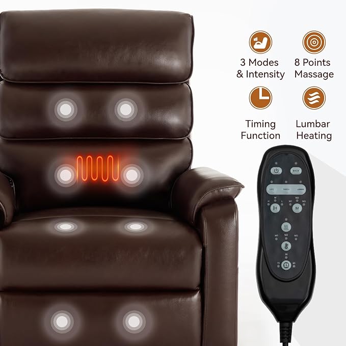 Manual Rocker Swivel Recliner Chair with Vibration Massage Lumbar Heat Rivet Design Faux Leather Brown Single Sofa for Living Room (34.64 Brown)