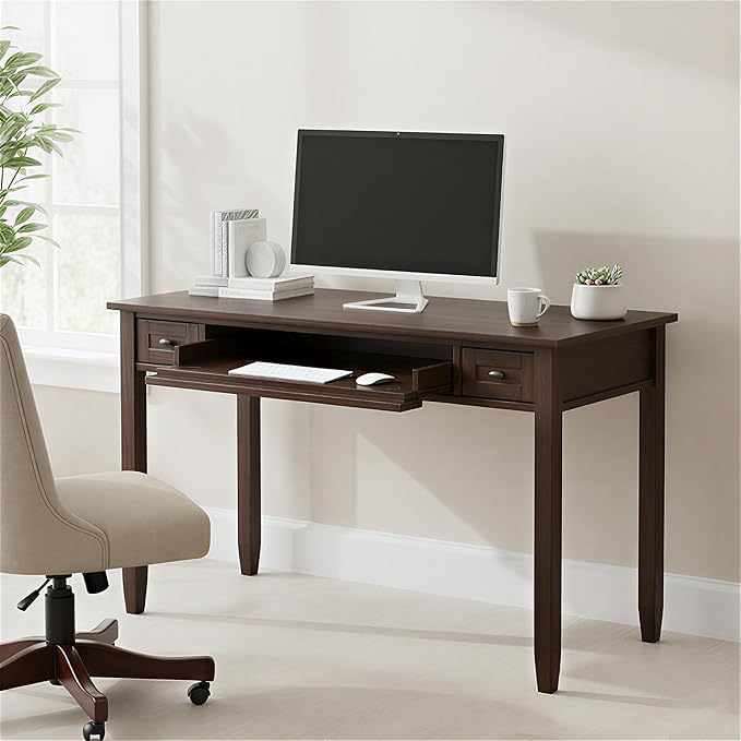 SIMPLIHOME Warm Shaker Desk - 48 Inch Wide Solid Wood Writing Desk in Mocha Brown Transitional Home Office Computer Table for Workspace or Study with Flip-Down Keyboard Tray and 2 Drawers