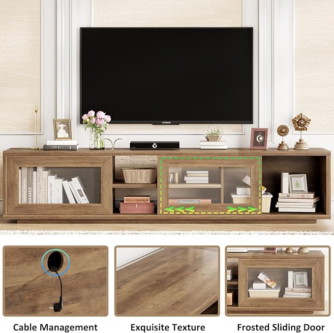 HSH 70 inch TV Stand for 75 TVEntertainment Center for Living Room Under TV Storage CabinetLow Modern TV Media Console Wood with Sliding Doors for BedroomRustic Oak