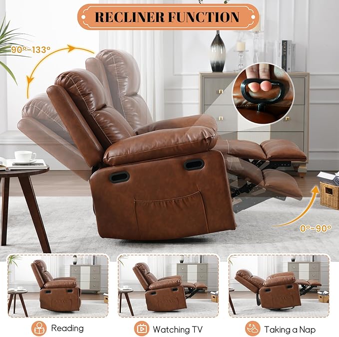 Massage Recliner Chair for Adults 360 Swivel &amp Rocker with Heat &amp Vibration Brown PU Leather Glider Reclining Chair for Home Theater Living Room Lounge Nursery