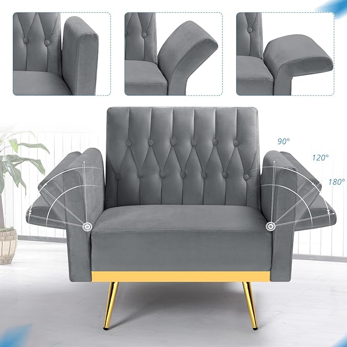 Velvet Accent Chair with Adjustable Armrests and Backrest Button Tufted Lounge Chair Single Recliner Armchair with Ottoman and Pillow for Living Room Bedroom Grey