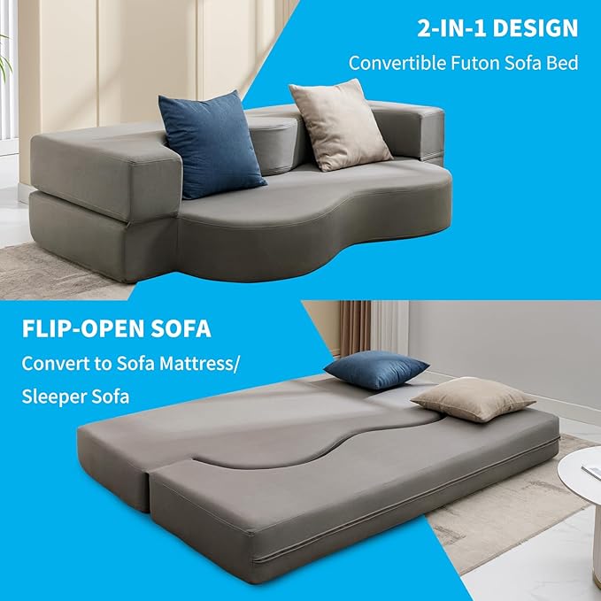 Mjkone 78 Width Queen Size Floor Sofa Bed Fold Out Couch with Memory Foam Matress Stylishly Upholstered Convertible Futon Sleeper Bed with Washable Cover for Living Room Guest Room Light Gray