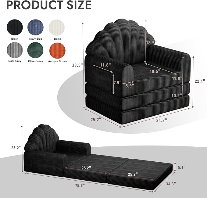 2-in-1 Folding Sofa Bed with Back Support 75 D x 34 W Convertible Futon Sleeper Chair for Adult Fold Out Bean Bag Floor Foam Lounger Couch for Living Room Bedroom Small Space Black