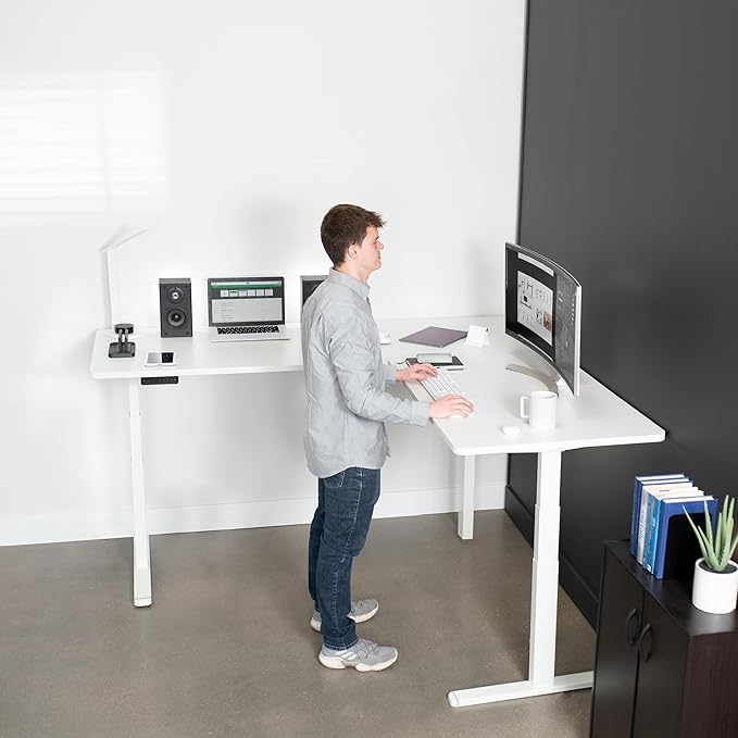 VIVO Electric Height Adjustable 77 x 71 inch Corner Stand Up Desk 2 White 30 inch Deep Table Tops White Frame Memory Controller L-Shaped Workstation 3E Series DESK-KIT-3E7W