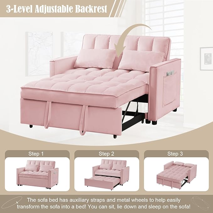 3 in 1 Convertible Sleeper Sofa Couch with Pull Out Bed55 Velvet Upholstered Futon Sofa BedModern Loveseat Sleeper Chaise with Adjustable Backrest for Living Room Guest Room Apartment(Pink)