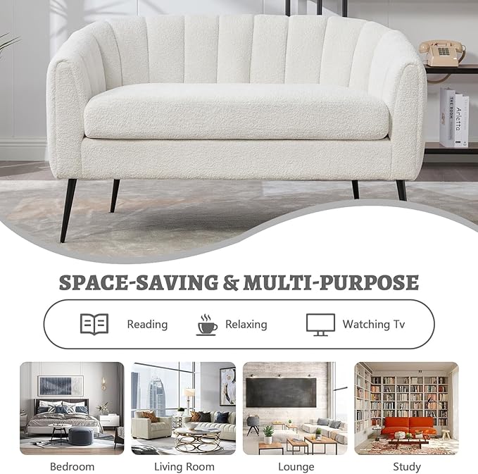 59 Small Loveseat Sofa 2-Seater Modern Chenille Couch with Gold Metal Legs &amp Floral Backrest Compact Apartment Sofa for Living Room Bedroom Office Dorm (Chenille Ivory(50.2''))