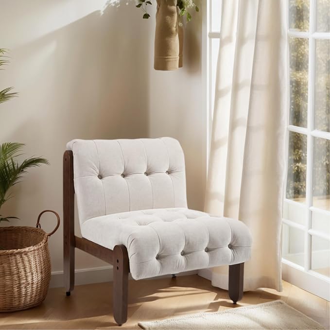 HEAH-YO Accent Chair Set of 1Modern Vintage Living Room Chair for Bedroom with Button Tufted Back and Wood LegsUpholstered Comfy Reading Chair for Makeup Vanity CafeChenille Beige