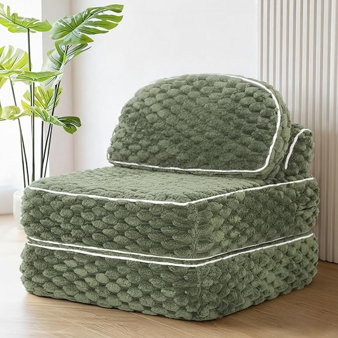 Folding Sofa Bed 3-in-1 Convertible Sleeper Chairs with PillowBack Support Fuzzy Fabric Floor Couch Bed for Adults Boneless Couches Living Room Bedroom Apartment Green