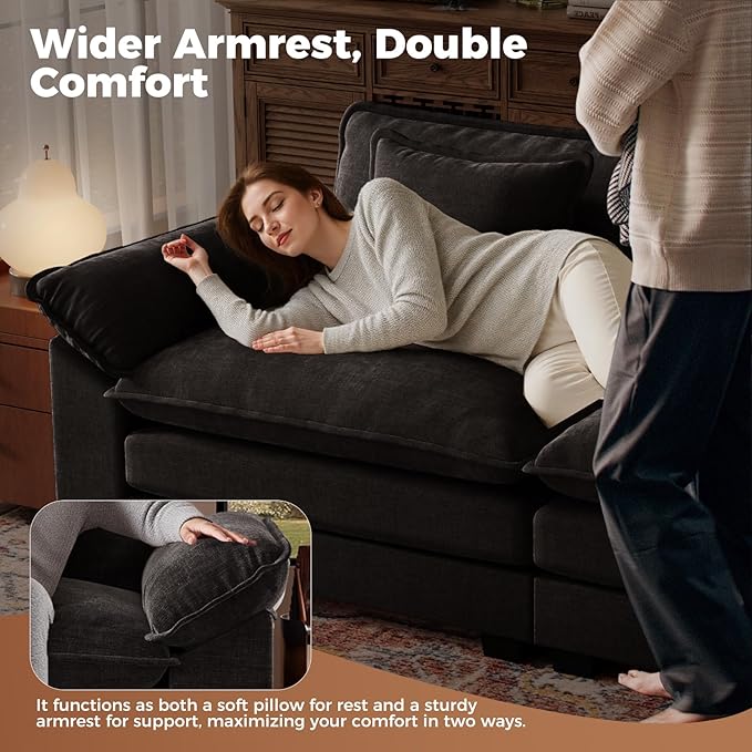 CDCASA 86 Modular Sectional Sofa Comfy Cloud Couch with 2 Movable Ottomans Oversized 4-Seater Chenille Deep Seat Sofa Bed for Living RoomBedroom Black