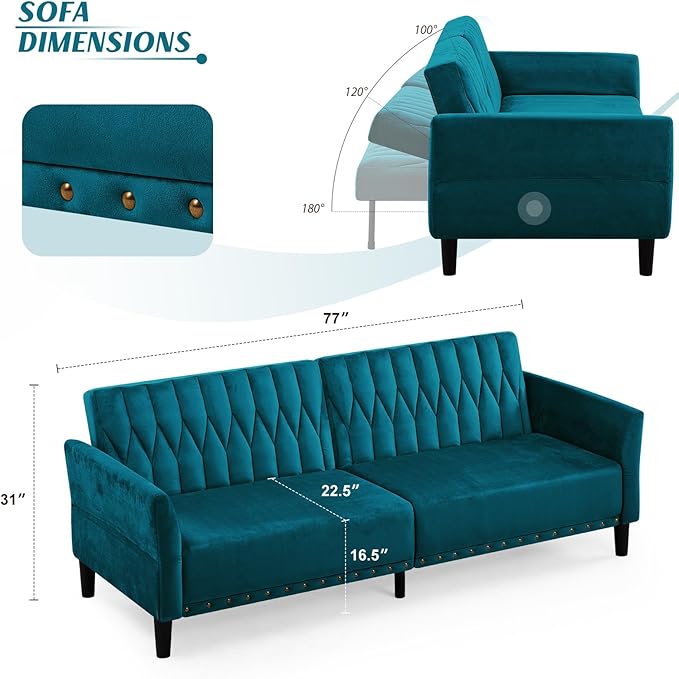 77 Inches Velvet Tufted Sofa Bed w/Adjustable Backrests &amp Armrests Convertible Sleeper Sofa w/Nailhead Trim Modern Loveseat Couch with Sturdy Legs for Living RoomOfficeTeal