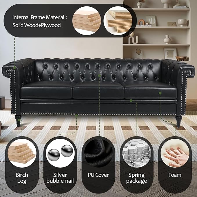 PU Leather Chesterfield Sofa 84'' Modern 3 Seater Couch Furniture with Square Arms and Wood Legs for Living Room Bedroom Apartment(Black)