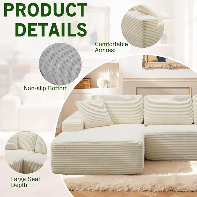 109.4” Modular Sectional Sofa Convertible Sofa Bed No Assembly Required Cloud Couch with Deep Seat Modern L-Shaped Boneless Sofa for Living Room (Beige)