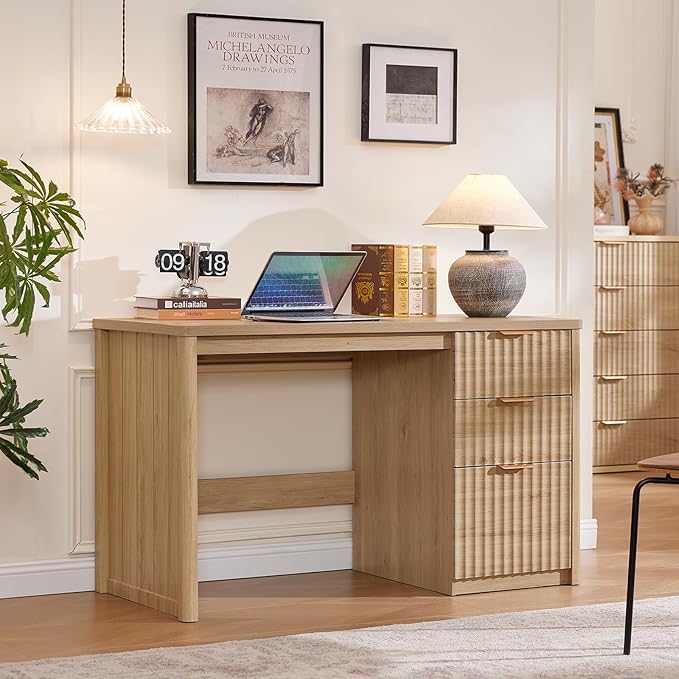 LEYAOYAO Office Desk 48 with 3 Drawers Storage File Cabinet Wood Fluted Desk for Computer Office Bedroom Home Furniture Natural