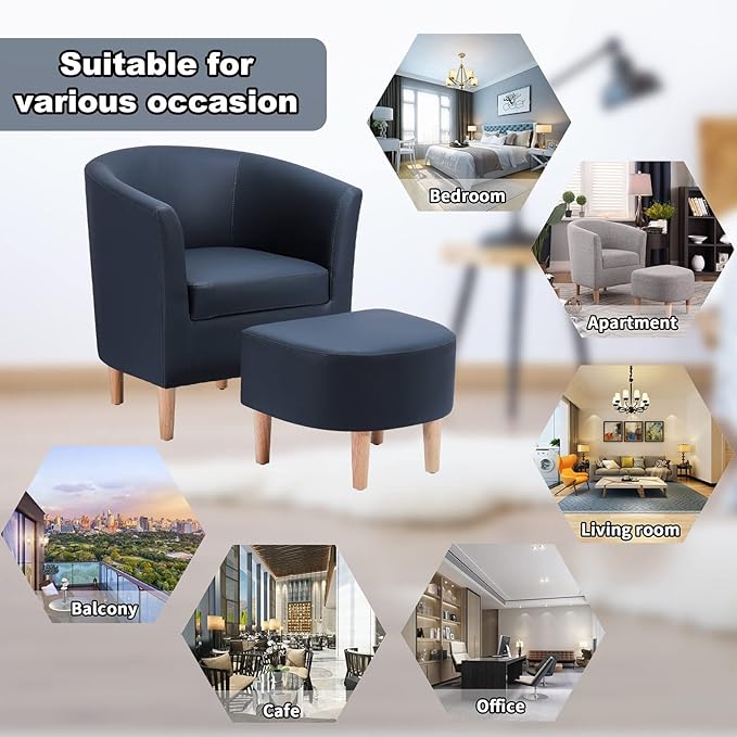 DAZONE Leather Chair Accent Chair Mid Century Modern with Ottoman Faux Barrel Comfy Armchair Upholstered Club Tub Round Arms for Living Room Bedroom Reading Navy Blue Set of 1