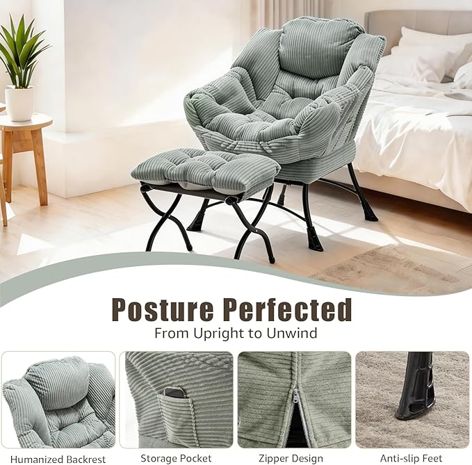 Oversized Lazy Chair with Ottoman for Adults Chair and Ottoman Set Modern Skinny Lounge Chair with Footrest Wide Reading Chair for Living Room/Bedroom Comfy Accent Armchair for Small Spaces Green