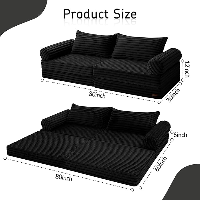 MeMoreCool Convertible Sofa Bed Folding Floor Couch Bed Queen Pull Out Sleeper Couch with Pillows Fold Out Futon Sofa for Bedroom Living Room Small Space Corduroy Black