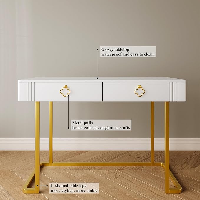 White Vanity Desk with 2 Drawers Gold and White DeskHome Office Desk Modern Makeup Vanity Table Entryway Console Table Sofa Table (Deluxe Leg)