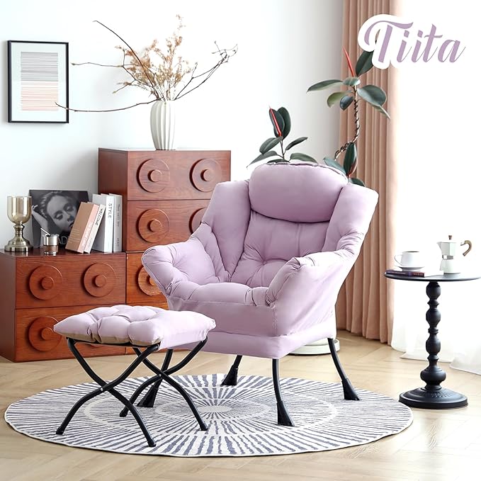 Tiita Lazy Chair with Ottoman Purple Modern Large Accent Chair Comfy Leisure Sofa Armchair with Ottoman Reading Chair with Footrest for Bedroom Living Room Dorm Rooms Purple