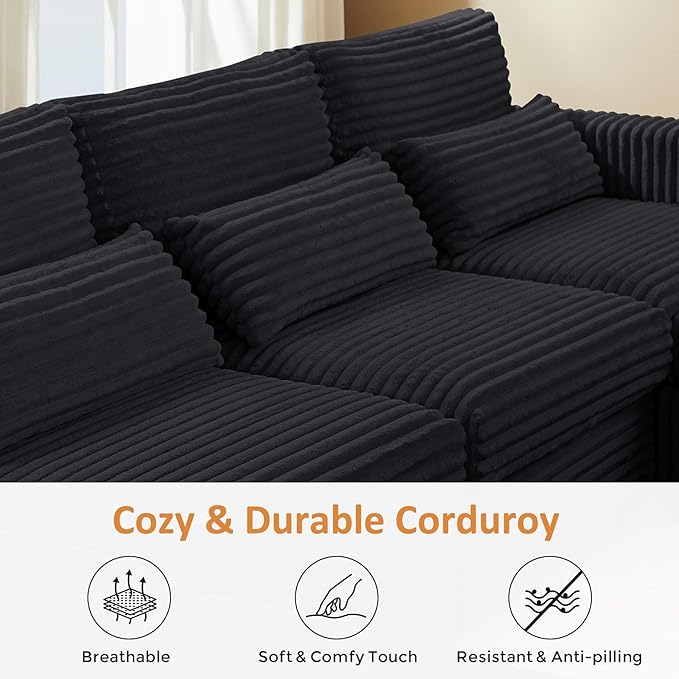 VANOMi 82 Modular Sectional Sofa Bed with Storage Ottomans Convertible Comfy 4-Seater Corduroy Cloud Couch Modern Sleeper Chaise for Living Room (Black Sleeper Bed-3)