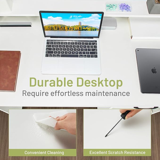 IFANNY Wooden Computer Desk White Home Office Desk w/Drawers Keyboard Tray Open Shelves &amp Monitor Stand Modern Writing Desk Compact Computer Desk for Small Spaces (White)