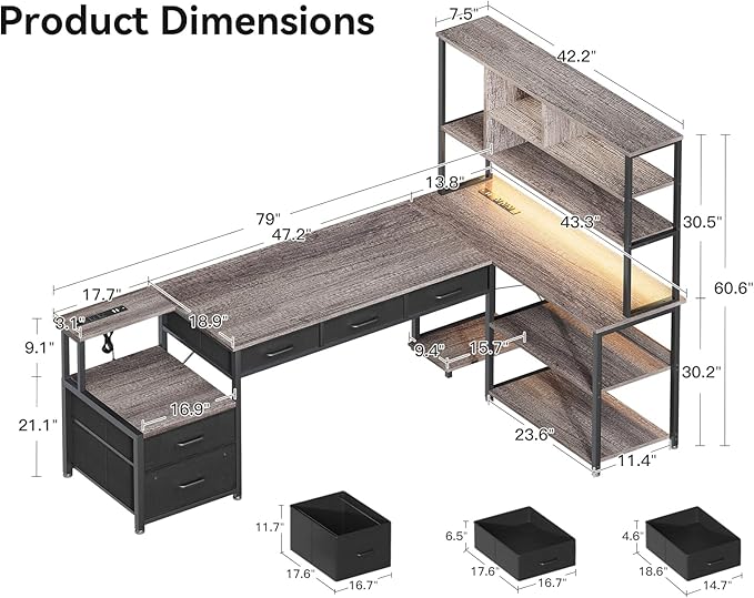 AODK 79 inch L Shaped Desk with 5 Drawers Reversible L Shaped Gaming Desk with LED Light &amp 2 Power Outlets Computer Desk with Storage Shelves for Home Office Grey Oak