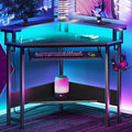 Small Corner Desk with Power Outlet and LED Lights Triangle Corner Gaming Desk with Keyboard Tray Compact Home Office Triangle Table for Small Spaces Home Office Black