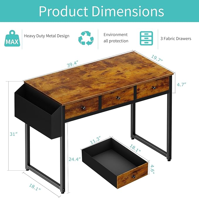 Lufeiya 40 Inch Desk with Drawers for Bedroom - 39 Inch Home Office Desks with 3 Fabric Storage Drawer and Pocket Study Writing Table Rustic Computer Desk Vintage Brown