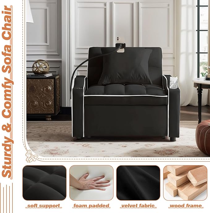 Sleeper Sofa Chair Bed with Charging Ports &amp Phone Holder &amp Cup Holder Modern Velvet 3 in 1 Convertible Pull Out Single Sofa Chair Bed for Small Spaces Apartment Black