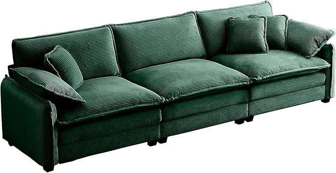 115.34 Modular Sectional Couch 3 Seat Extra Deep Corduroy Sofa with 2 Arm Pillows and 3 Throw Pillows Modern Upholstered Comfy Couches for Living Room Bedroom Office Apartment Green