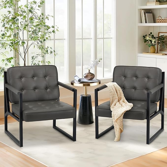 COLAMY Accent Chairs Set of 2 Modern Accent Arm Chairs for Living Room Comfy Leather Armchairs with Metal Legs for Bedroom Reception Room Grey