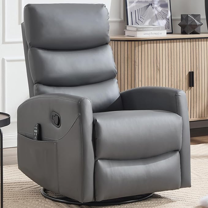 Swivel Recliner with Heat and Massage Rocker Recliner Chair for Living RoomGlider Recliner Nursery Chair with Black Metal Base/Adjustable Backrest and Footrest (PU Leather Grey3)