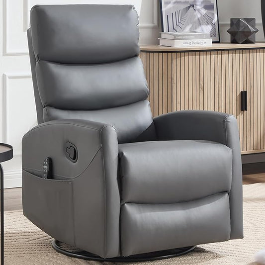Swivel Recliner with Heat and Massage Rocker Recliner Chair for Living RoomGlider Recliner Nursery Chair with Black Metal Base/Adjustable Backrest and Footrest (PU Leather Grey3)