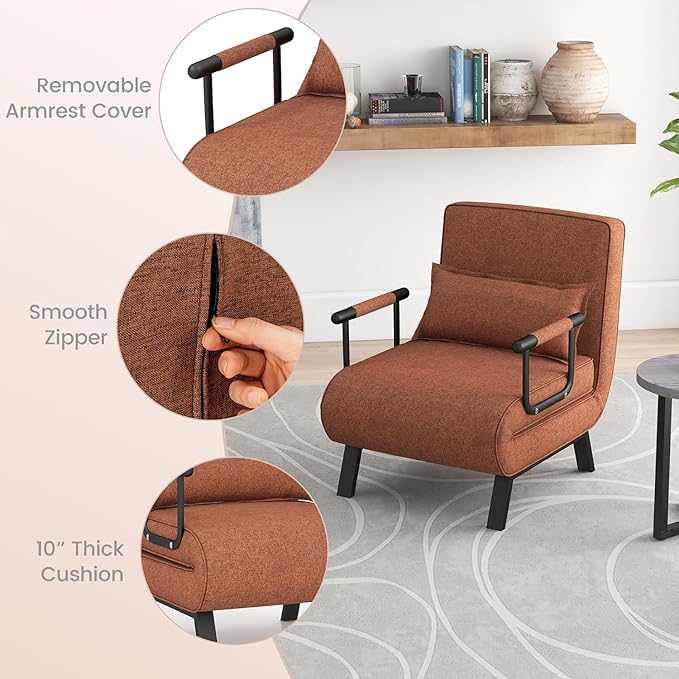 LDAILY Convertible Sofa Chair Bed 5 Adjustable Position Folding Sleeper Chair Single Folding Arm Chair w/Pillow Backrest Upholstered Seat Lazy Sofa Leisure Recliner for Home Office (Brown)