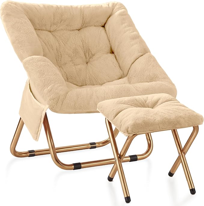 Comfy Saucer Chair Foldable Living Room Chairs Soft Faux Fur Lounge Chair for Bedroom Reading Chairs for Adults Teens X-Large (Beige)