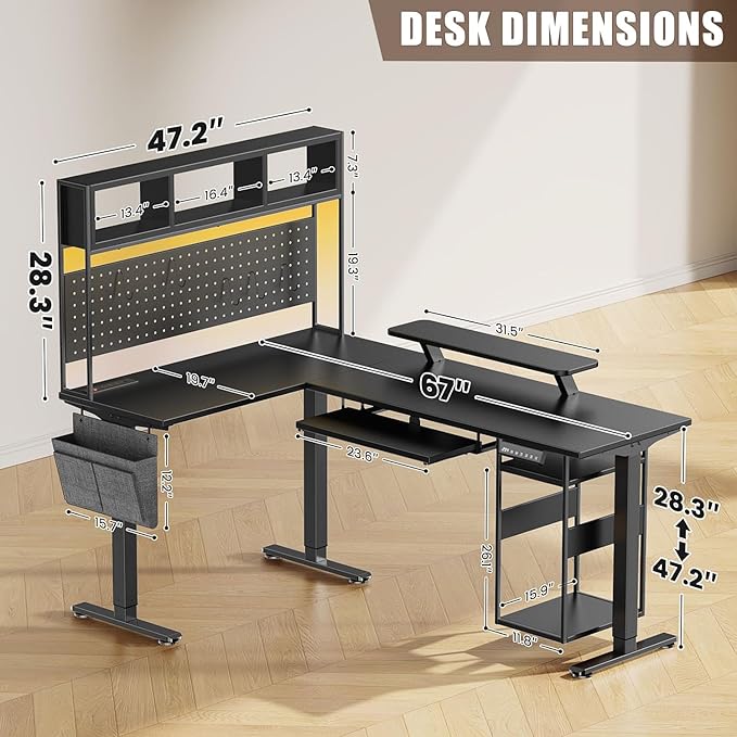 Flycity Electric L Shaped Standing Desk Adjustable Height 67 x 47 Corner Computer Desk with Host Shelf Gaming Desk with LED Lights &amp Power Outlet Dual Motor Home Office Desk with Storage Bla
