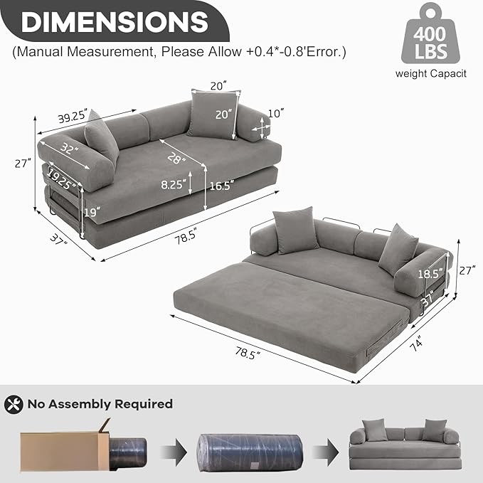 Convertible Folding Sofa Bed Modular Floor Sofa with Removable Backrest Corduroy Folding Mattress Couch with Fixed-Shape Frame for Living Room Bedroom Lounge (Grey)