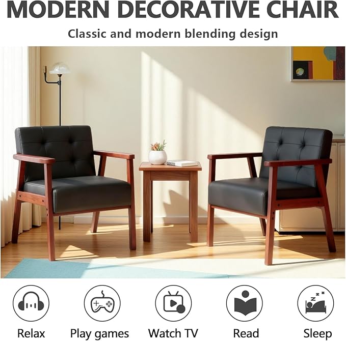 Anwick Mid-Century Modern Accent ChairPU Leather Living Room Chair with Solid Wood FrameComfy Armchair Lounge Reading Chairs for Bedroom Office Small Spaces (Black)