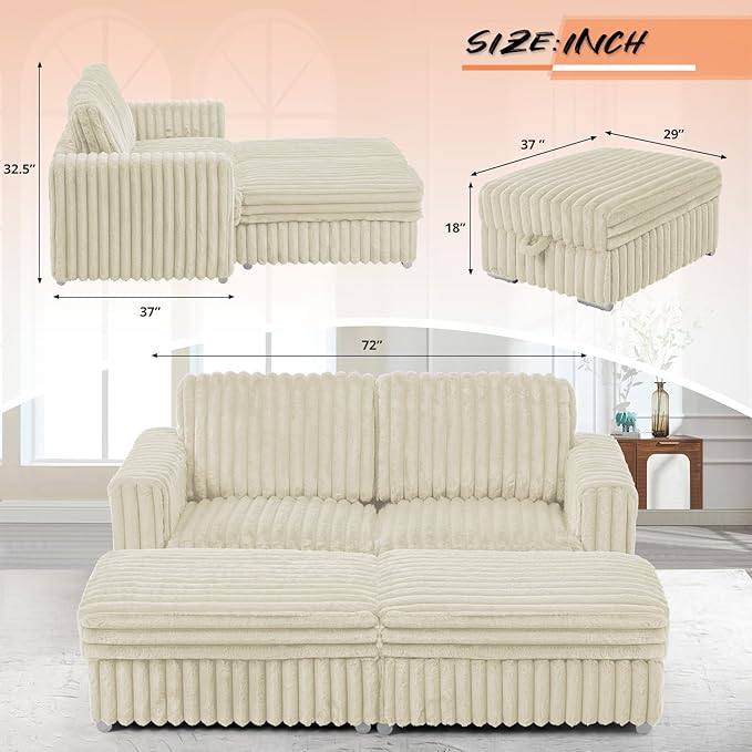 72 U-Shape Corduroy Sofa with 2 Movable Ottomans Upholstered Seational Sofa with Stable Feet Deeper 2 Seats Couch with Thickened Seat Cushions for Living Room Bedroom Office Beige