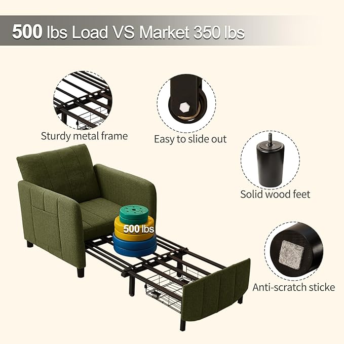Sleeper Chair 84 Extra Long Convertible Chair Bed Upgraded 3-in-1 to 4-in-1 Pull Out Chair &amp Single Sofa Bed for Adult Sleeping Chair for Living Room Small Space (Modern Green)