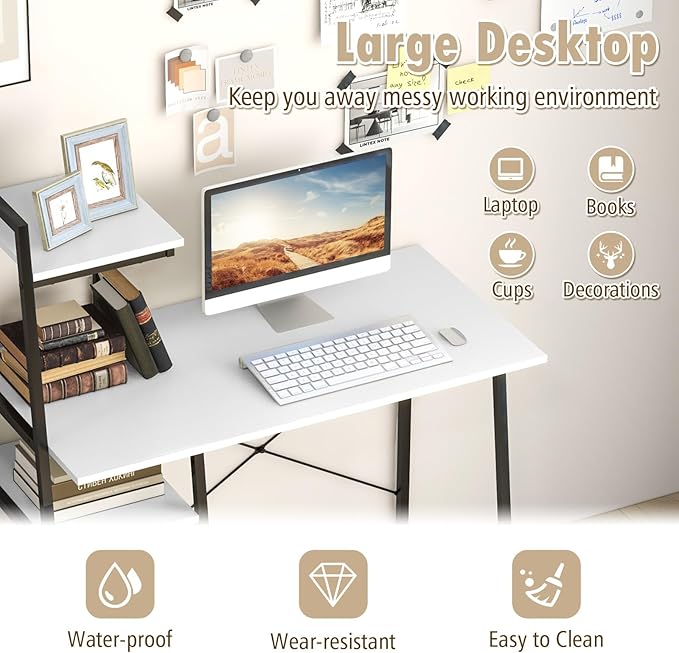 COSTWAY Computer Desk with 4-Tier Storage Shelves Home Office Desk Writing Table with Sturdy X-Shape Frame Adjustable Foot Pads Modern Simple Style Study Desk Wide Tabletop (White and Black)