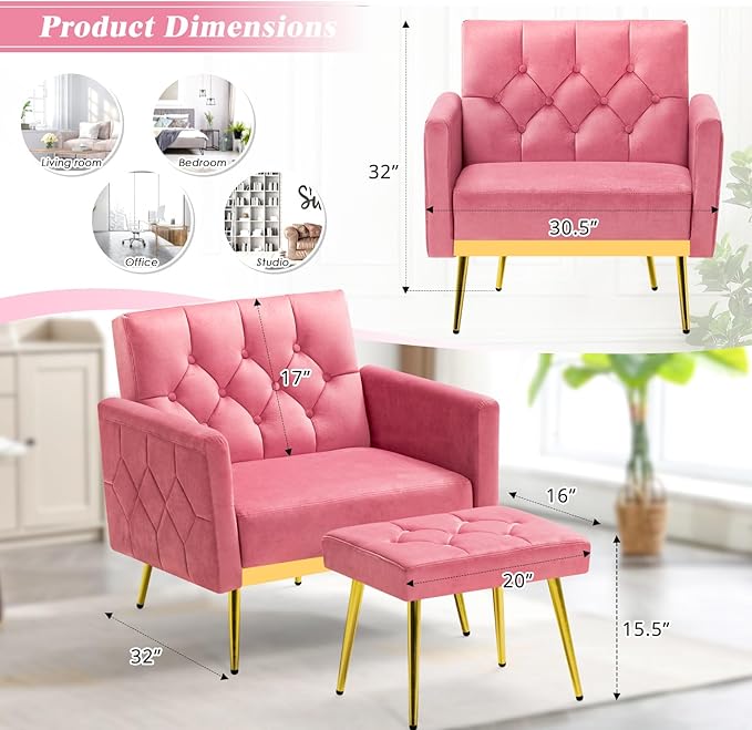 Velvet Accent Chair w/Adjustable Armrests and Backrests Tufted Single Sofa with Ottoman Upholstered Reading Chiar for Living Room Apartment Bedroom Pink