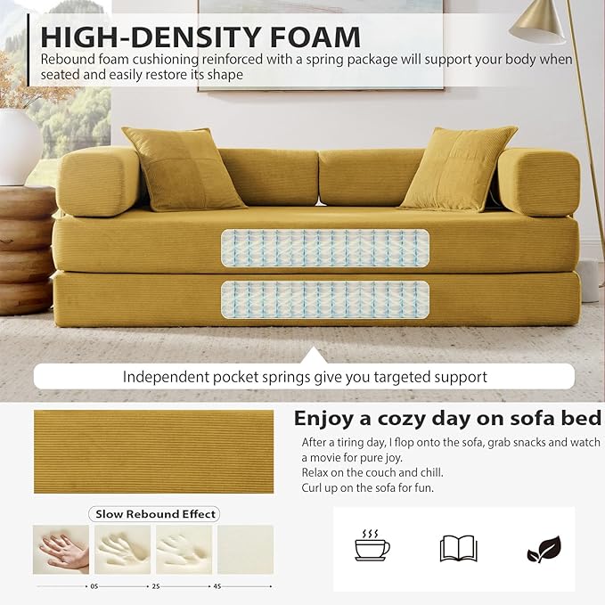 HANXIN 78 Inch Convertible Sleeper Sofa Bed Folding Floor Mattress Couch with Fixed-Shape Frame Futon Boneless Couch Lounge Loveseat with Pull Out Bed No Assembly Required (Yellow)