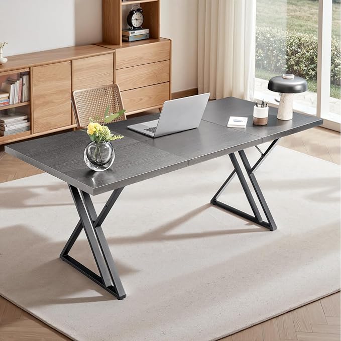 70.9Inch Office Desk Executive Office DeskModern Industrial Style Z-Shaped Table Legs Country Black Wood Grain Top for Home Office Study Conference (Ash Black)