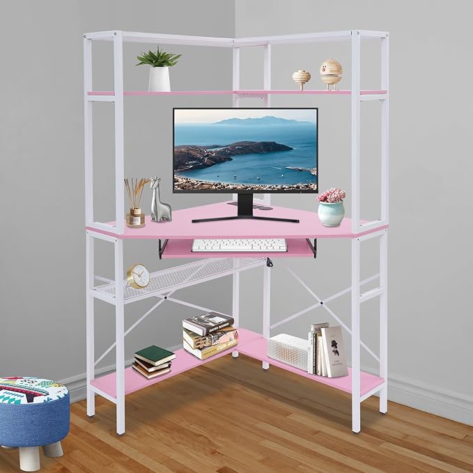 Corner Desk Triangle Corner Computer Desk with 2 USB Ports and 2 AC sockets Small Computer Desk with Hutch and LED Lights ComputerDesk for Small Space Home Office Desk Pink