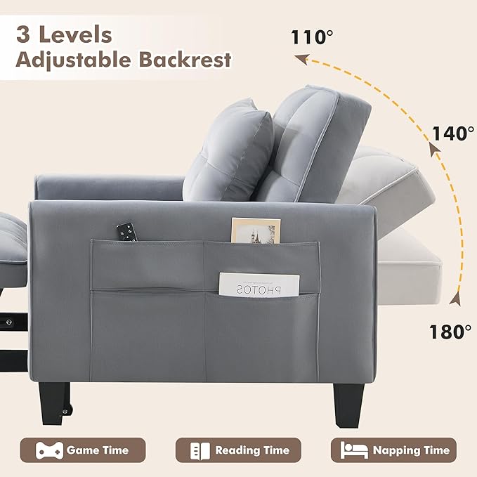 Convertible Sleeper Chair 3 in 1 Sleeper Chair Bed Velvet Pull Out Sofa Bed Chairs Single Sofa Beds with Adjustable Backrest for Adults Reading Living Room Bedroom Dark Grey