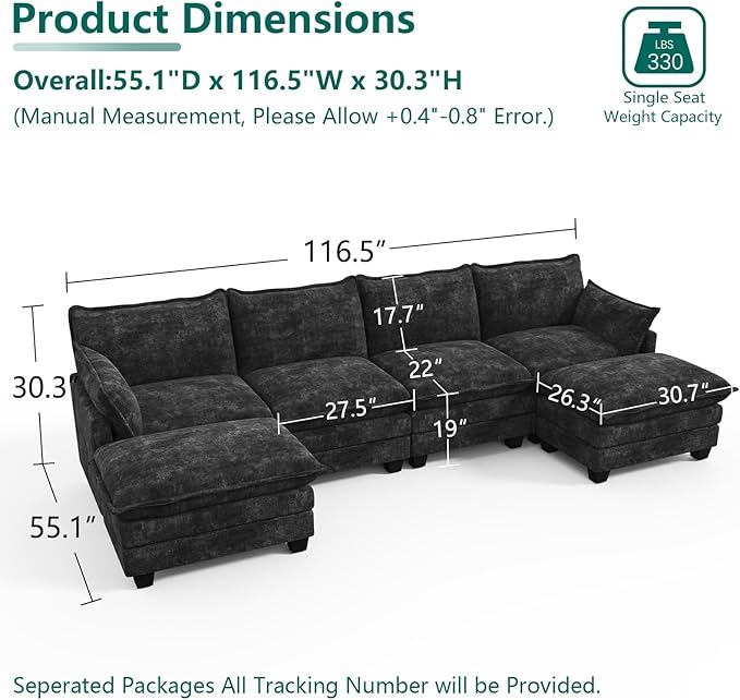 Modular Sectional U Shaped Sofa Couches for Living Room Cloud Couch with Movable Ottoman Comfy Chenille Sofa with Pillow for Bedroom and ApartmentBlack