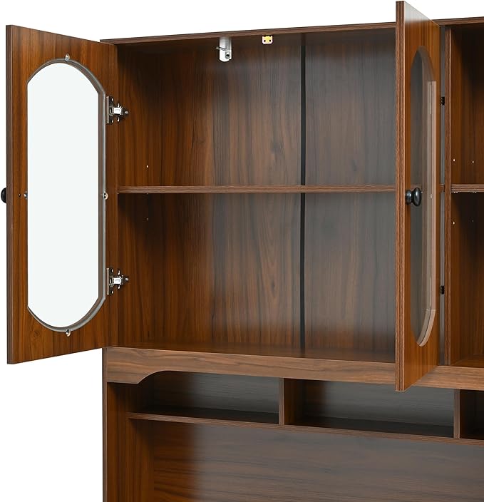 47'' Retro Home Office Desk with Charging Ports and Hutch Cabinet Wooden Executive Computer Desk with 5 Storage Drawers and Transparent Glass-Door Bookshelf for Home Office Bedroom (Walnut-04)
