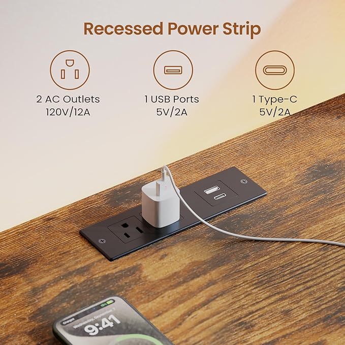 SEDETA 94.5 Home Office Desks Computer Gaming Desk with Storage LED Lights Power Strip with USB Keyboard Tray &amp Monitor Stand Extra Long Double Desk for 2 Person Rustic Brown